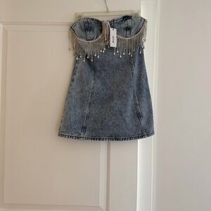 Nasty Gal Rhinestone Fringe Denim Bustier Mini Dress